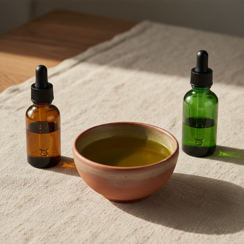 Earthen bowl with golden oil and dropper bottles