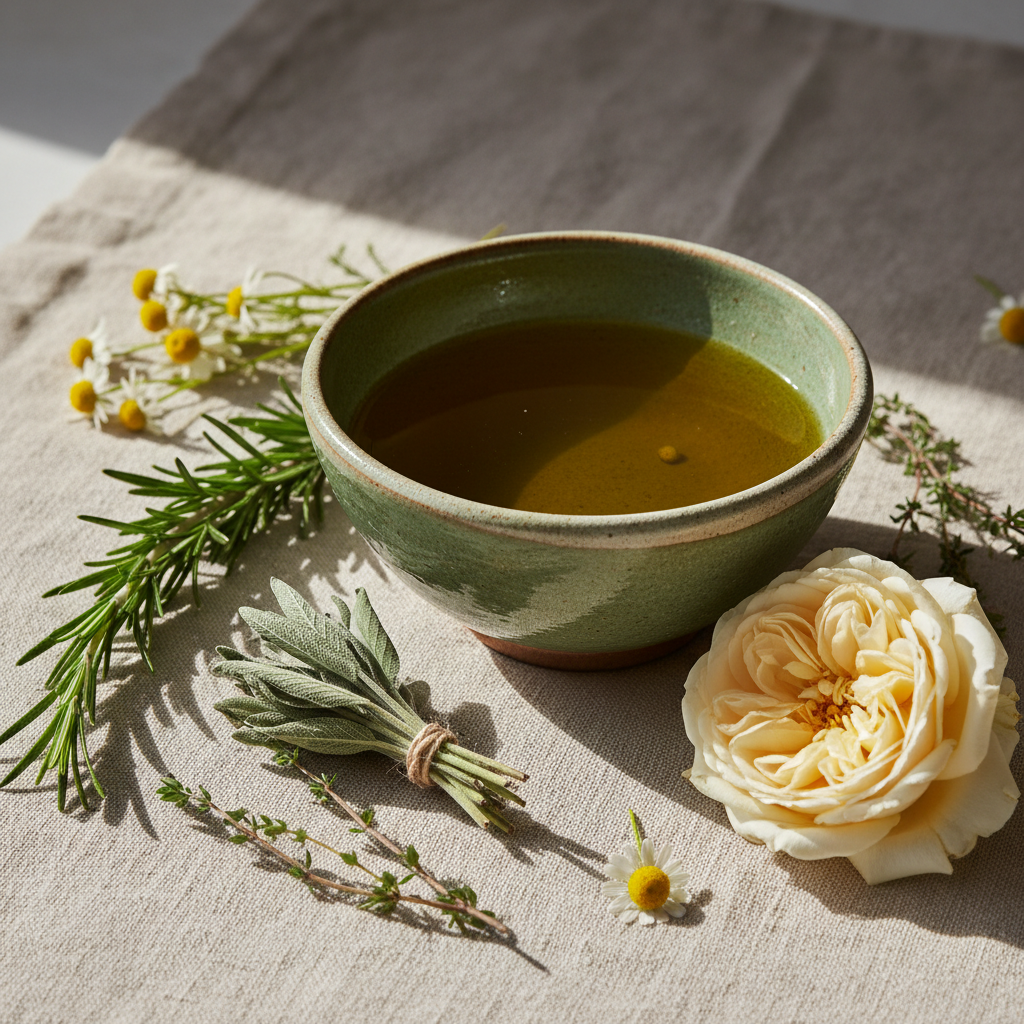Green earthen bowl of golden botanical oil with rosemary, sage, thyme, chamomile and rose on natural linen — Sensus Naturae Herbals