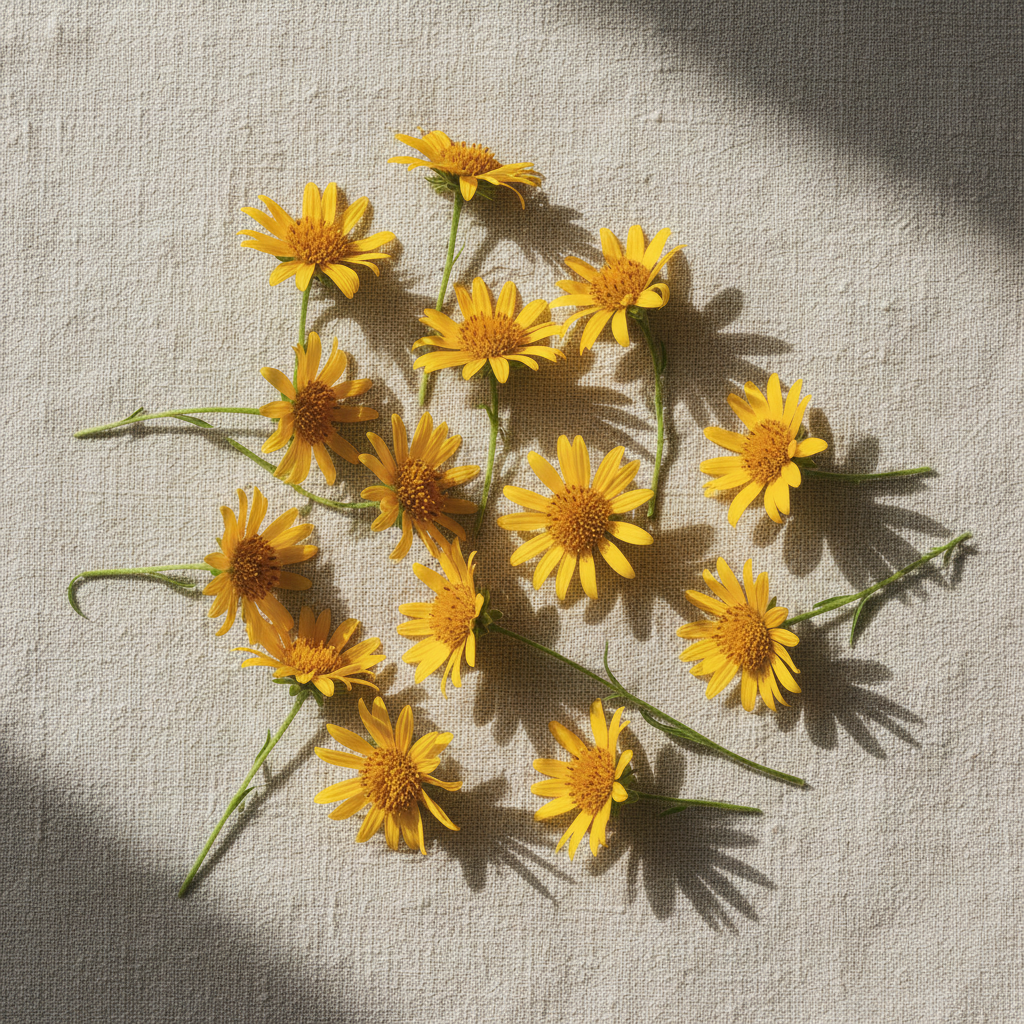 Fresh yellow arnica flowers on a neutral linen background