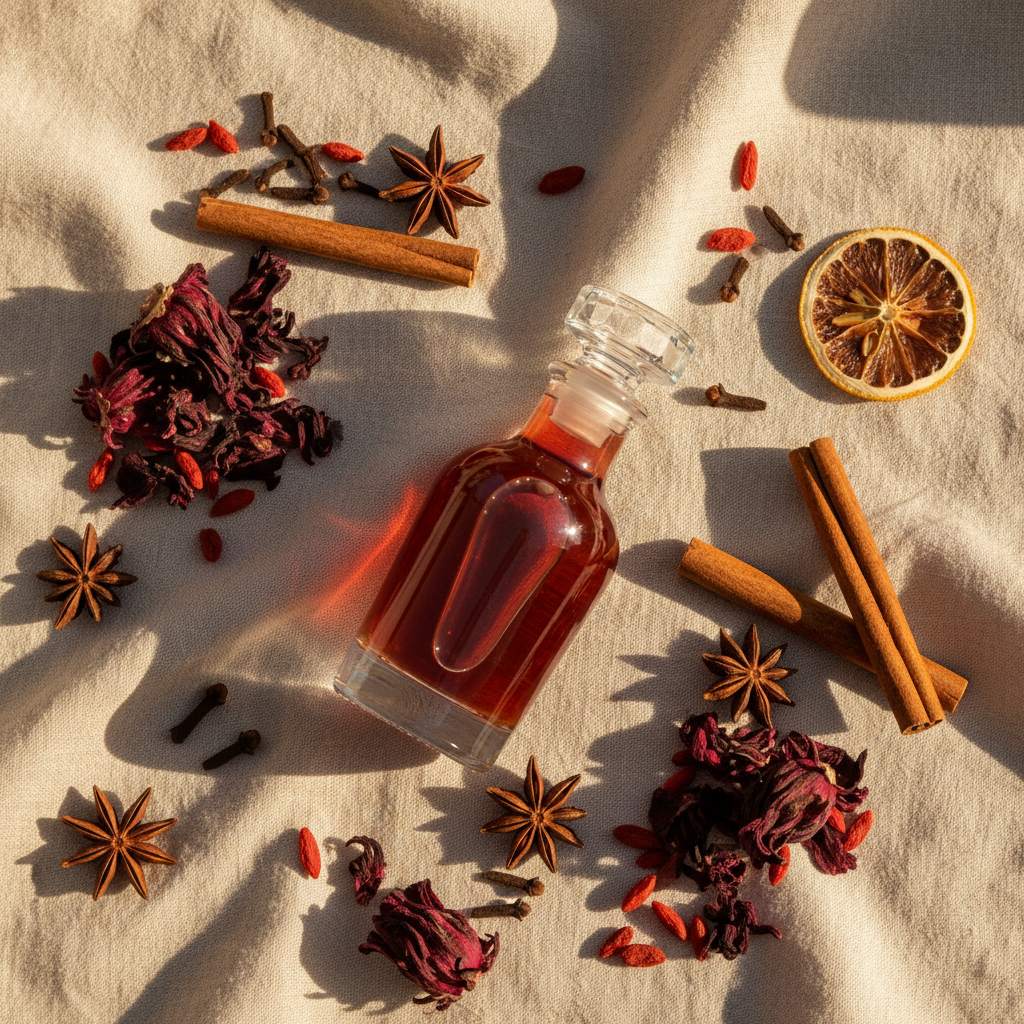 Smells like free spirit botanical shrub with hibiscus, star anise, cinnamon, cloves, goji berry and lemon on linen