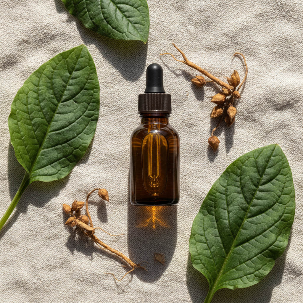 Plantago major skin oil with broad-leaf plantain botanicals on linen
